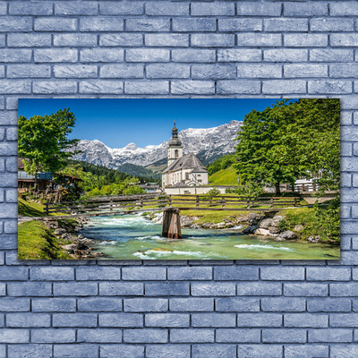 Acrylic Print Church bridge lake nature green brown white grey