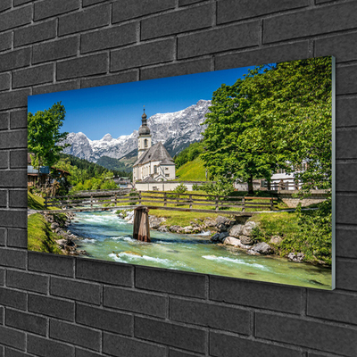 Acrylic Print Church bridge lake nature green brown white grey