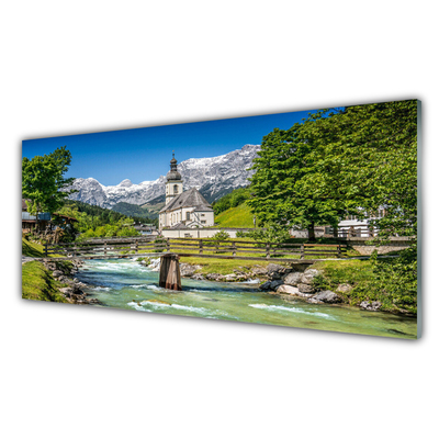 Acrylic Print Church bridge lake nature green brown white grey