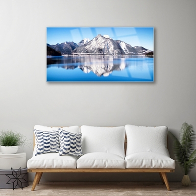 Acrylic Print Lake mountains landscape blue grey white