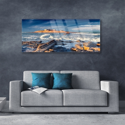 Acrylic Print Sea stones landscape blue yellow grey