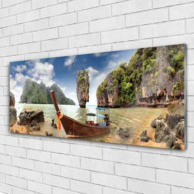 Acrylic Print Boat mountain stones landscape brown grey green