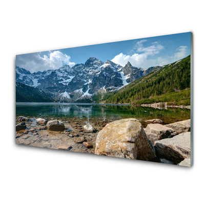 Acrylic Print Mountain lake stones landscape grey blue green white