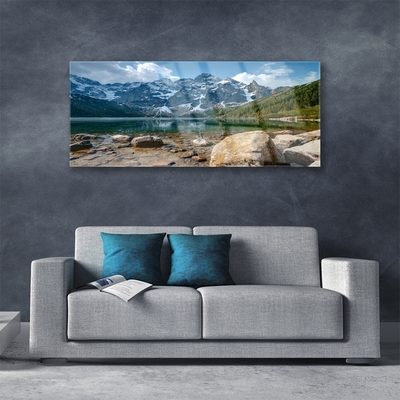 Acrylic Print Mountain lake stones landscape grey blue green white