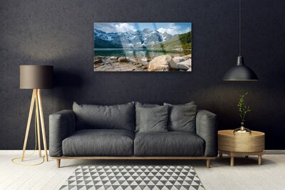 Acrylic Print Mountain lake stones landscape grey blue green white