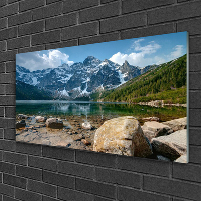 Acrylic Print Mountain lake stones landscape grey blue green white