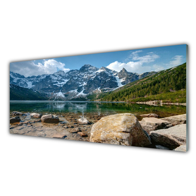 Acrylic Print Mountain lake stones landscape grey blue green white