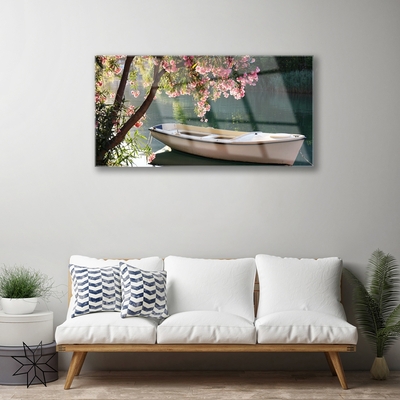 Acrylic Print Boat tree landscape white blue brown green