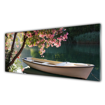 Acrylic Print Boat tree landscape white blue brown green