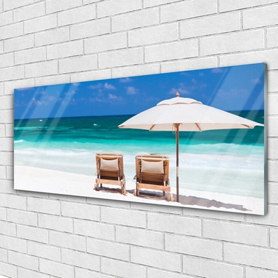 Acrylic Print Beach deck chairs landscape brown white