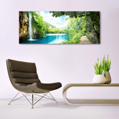 Acrylic Print Waterfall lake trees nature white blue brown green