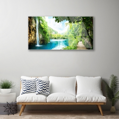 Acrylic Print Waterfall lake trees nature white blue brown green