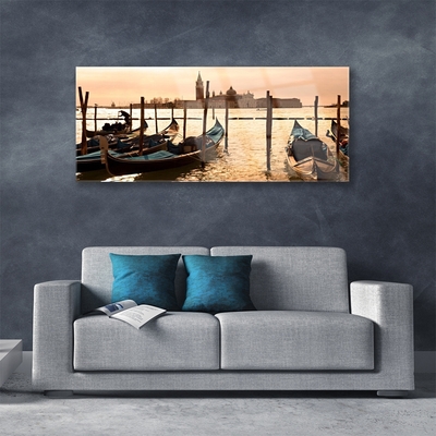 Acrylic Print Boats sea landscape yellow white brown