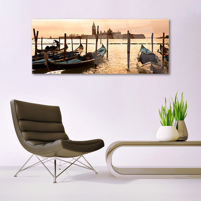 Acrylic Print Boats sea landscape yellow white brown