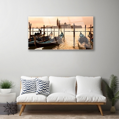 Acrylic Print Boats sea landscape yellow white brown