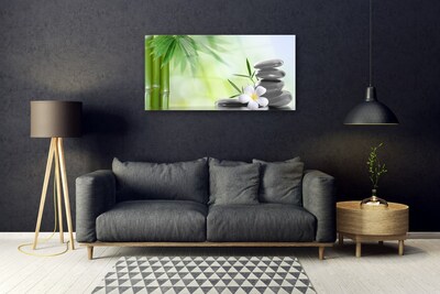 Acrylic Print Bamboo stalk flower stones art green white black