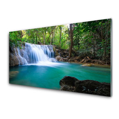 Acrylic Print Waterfall lake forest nature blue brown white green