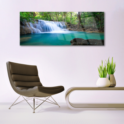 Acrylic Print Waterfall lake forest nature blue brown white green