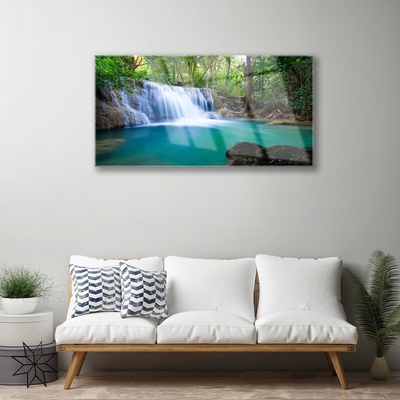 Acrylic Print Waterfall lake forest nature blue brown white green