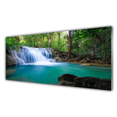 Acrylic Print Waterfall lake forest nature blue brown white green