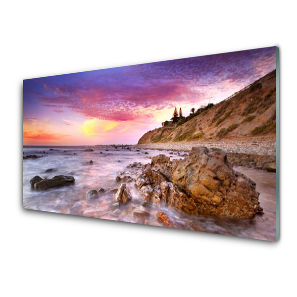 Acrylic Print Sea stones landscape grey purple pink