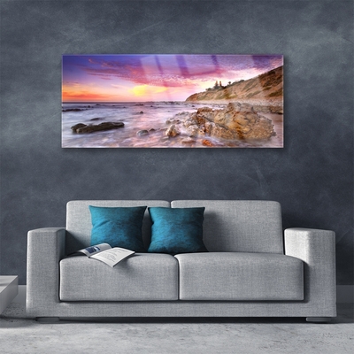 Acrylic Print Sea stones landscape grey purple pink