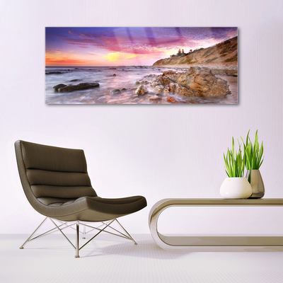 Acrylic Print Sea stones landscape grey purple pink