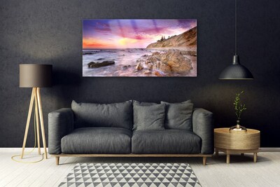 Acrylic Print Sea stones landscape grey purple pink