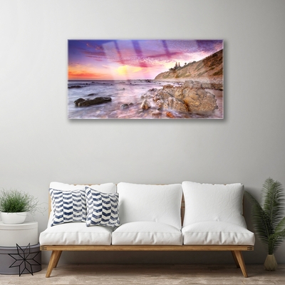 Acrylic Print Sea stones landscape grey purple pink