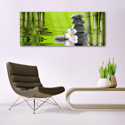 Acrylic Print Bamboo tube flower stones art green black white