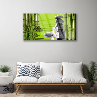 Acrylic Print Bamboo tube flower stones art green black white