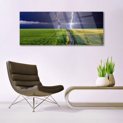 Acrylic Print Field path lightning landscape grey green purple white