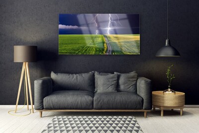 Acrylic Print Field path lightning landscape grey green purple white