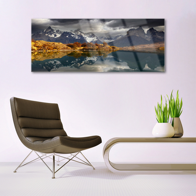 Acrylic Print Mountain lake landscape grey yellow white