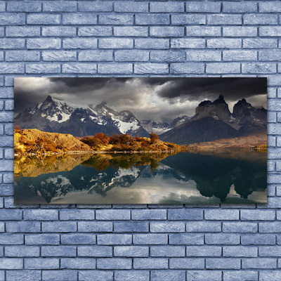 Acrylic Print Mountain lake landscape grey yellow white