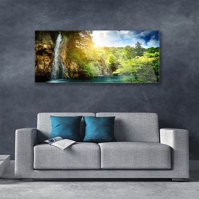 Acrylic Print Waterfall trees landscape blue white green brown