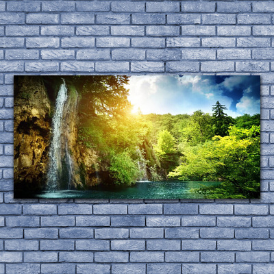 Acrylic Print Waterfall trees landscape blue white green brown