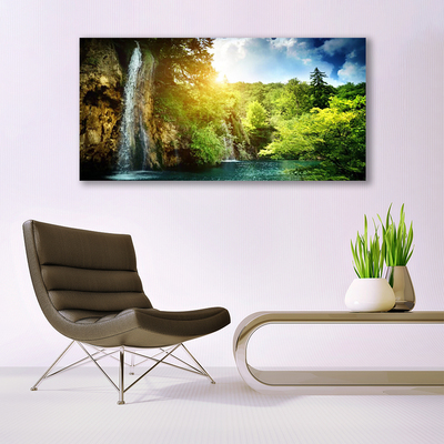 Acrylic Print Waterfall trees landscape blue white green brown