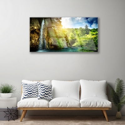 Acrylic Print Waterfall trees landscape blue white green brown