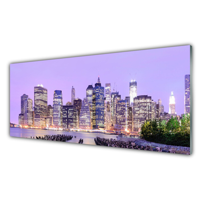 Plexiglas® Wall Art City houses purple yellow green