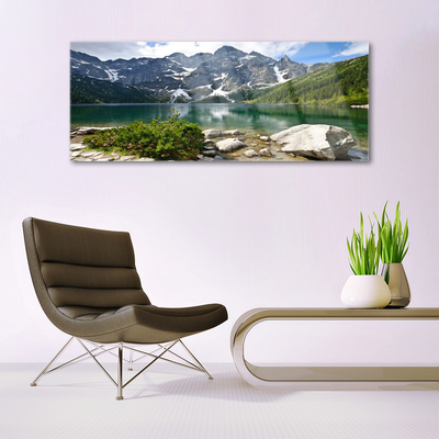 Plexiglas® Wall Art Lake mountains landscape blue grey white