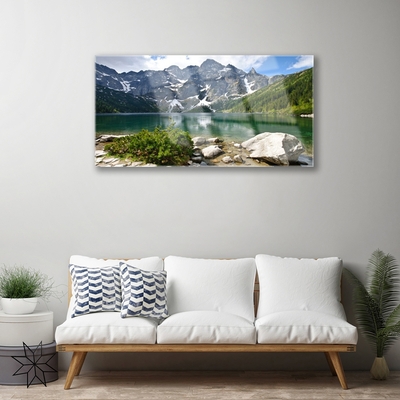 Plexiglas® Wall Art Lake mountains landscape blue grey white