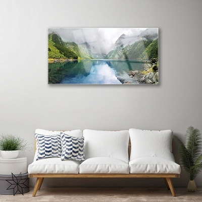 Plexiglas® Wall Art Mountain lake landscape blue green grey