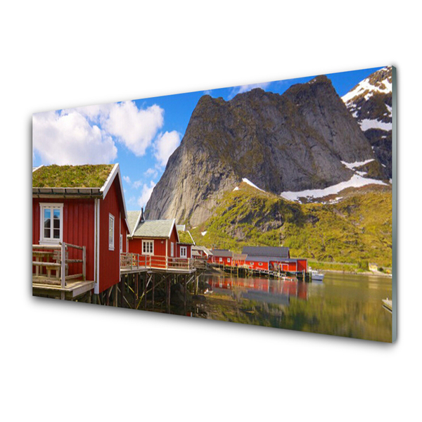 Plexiglas® Wall Art Houses lake mountains landscape brown white green grey