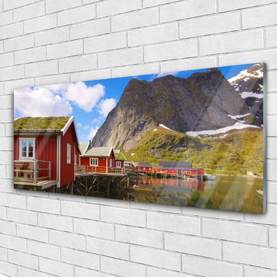 Plexiglas® Wall Art Houses lake mountains landscape brown white green grey