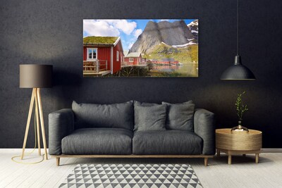 Plexiglas® Wall Art Houses lake mountains landscape brown white green grey