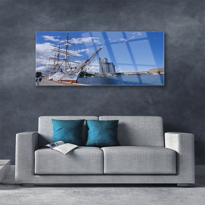 Plexiglas® Wall Art Boat sea town landscape white brown blue