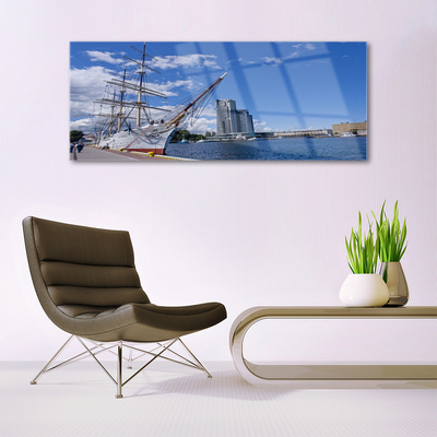 Plexiglas® Wall Art Boat sea town landscape white brown blue