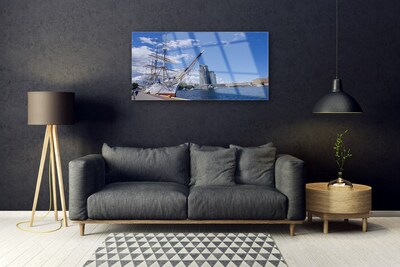 Plexiglas® Wall Art Boat sea town landscape white brown blue