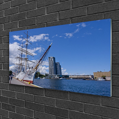 Plexiglas® Wall Art Boat sea town landscape white brown blue
